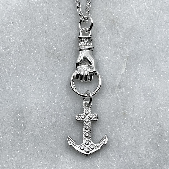 Silver Hand Grasping Cross, Anchor and Heart Necklace