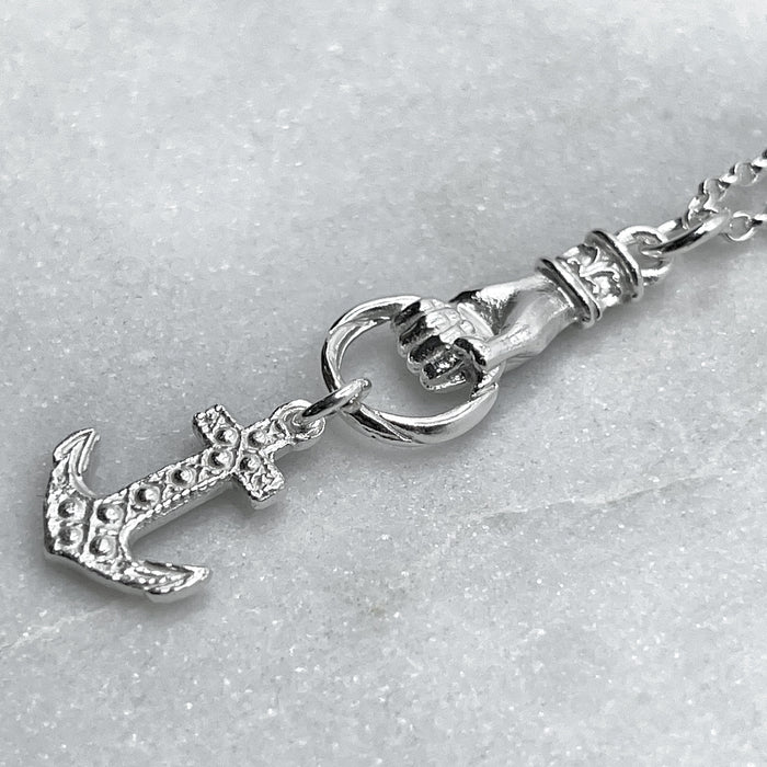 Silver Hand Grasping Cross, Anchor and Heart Necklace