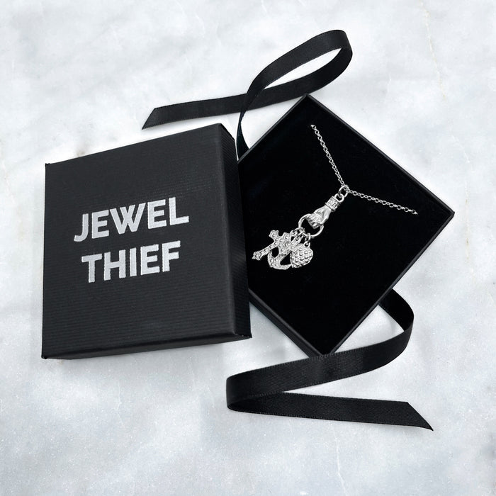 Silver Hand Grasping Cross, Anchor and Heart Necklace