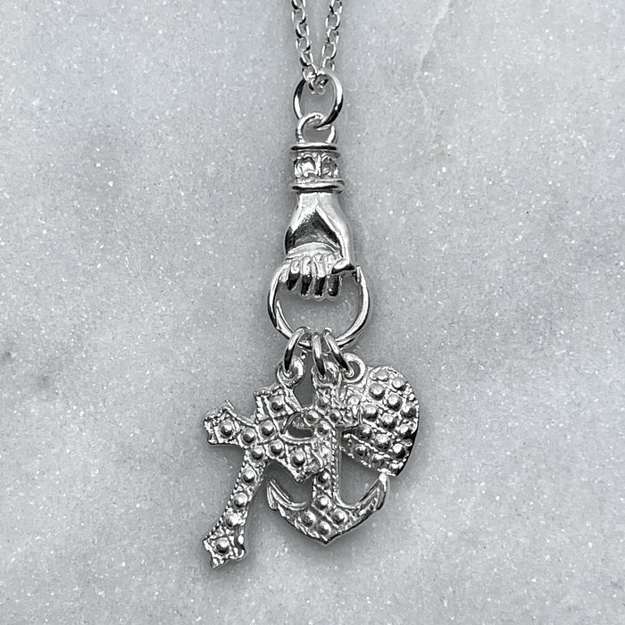 Silver Hand Grasping Cross, Anchor and Heart Necklace