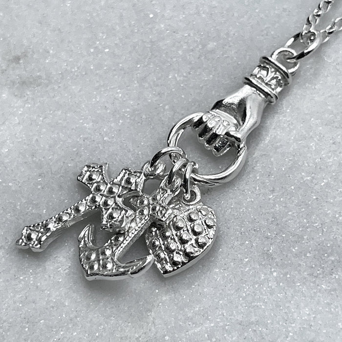 Silver Hand Grasping Cross, Anchor and Heart Necklace