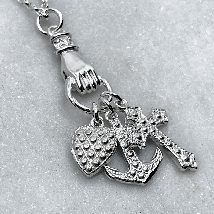 Silver Hand Grasping Cross, Anchor and Heart Necklace