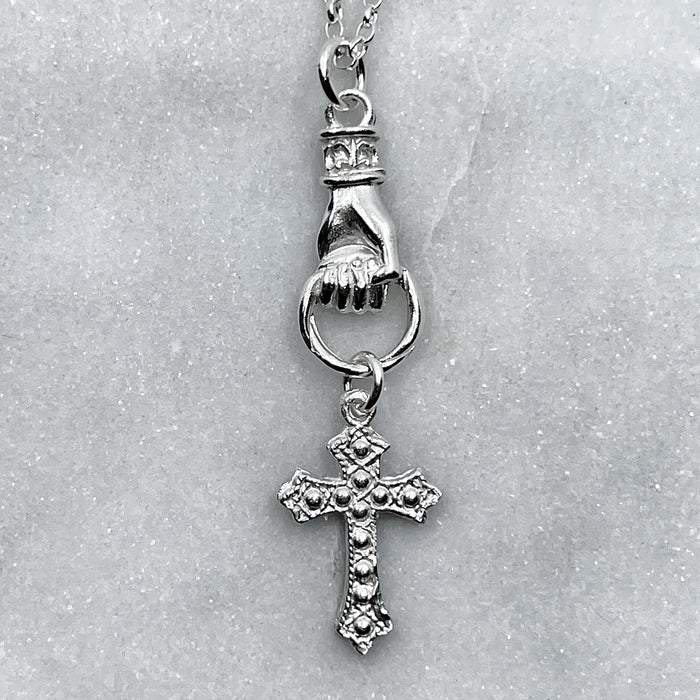 Silver Hand Grasping Cross, Anchor and Heart Necklace