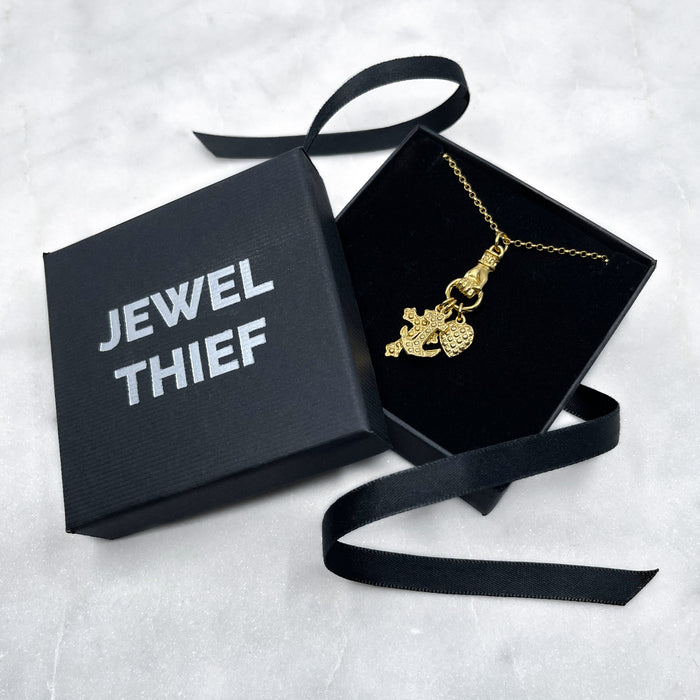 Gold Hand Grasping Cross, Anchor and Heart Necklace