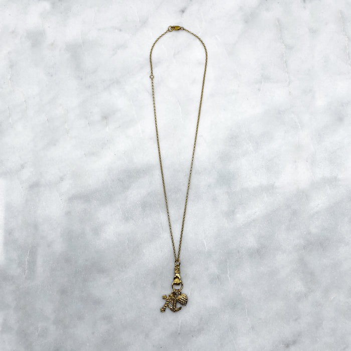 Gold Hand Grasping Cross, Anchor and Heart Necklace