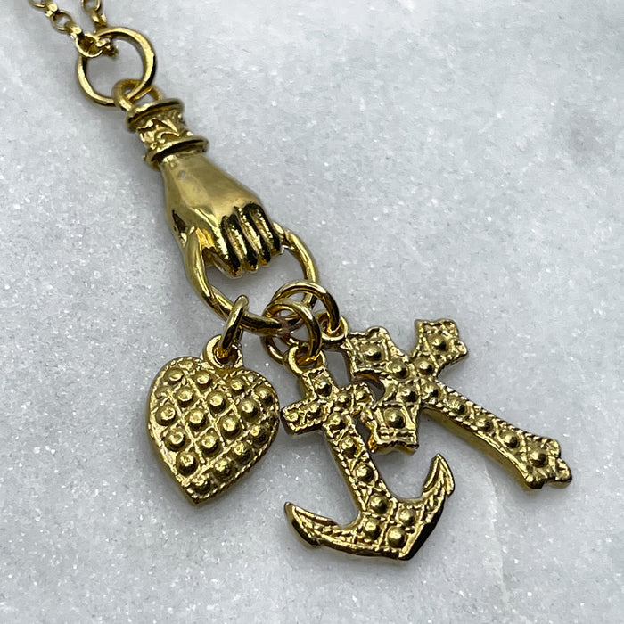 Gold Hand Grasping Cross, Anchor and Heart Necklace