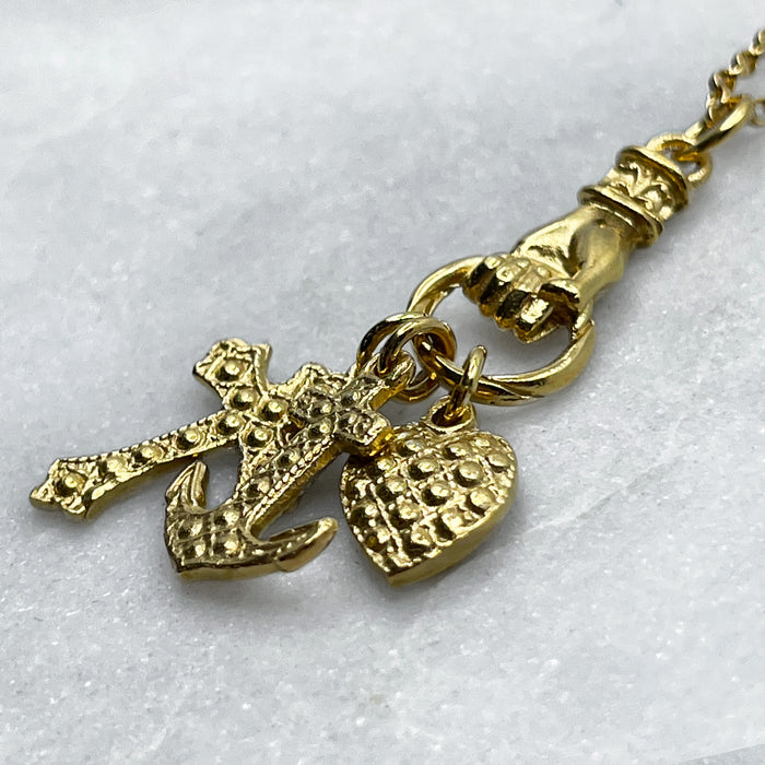 Gold Hand Grasping Cross, Anchor and Heart Necklace