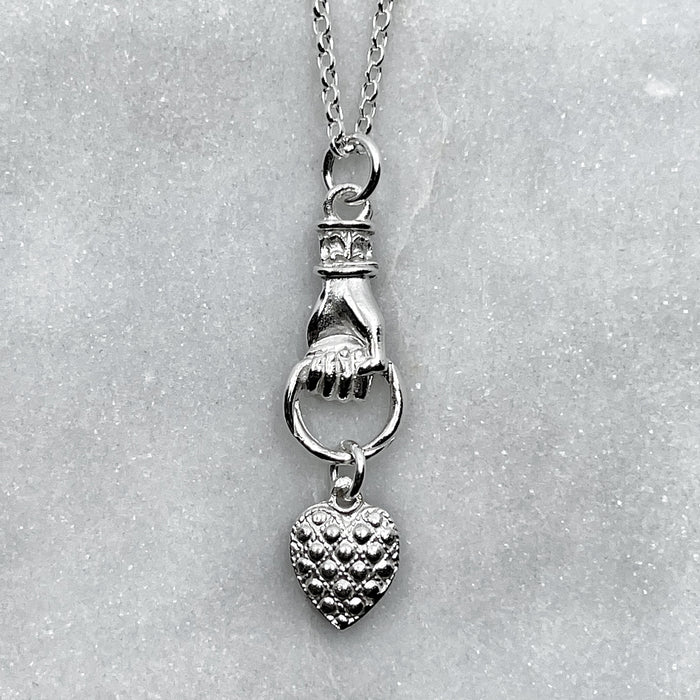 Silver Hand Grasping Cross, Anchor and Heart Necklace