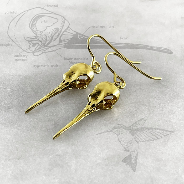 Gold Hummingbird Skull Earrings