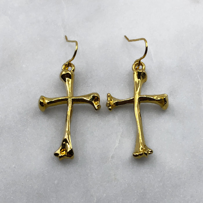 Large Bone Cross Gold Earrings