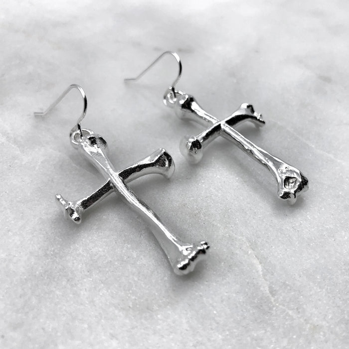 Large Bone Cross Silver Earrings