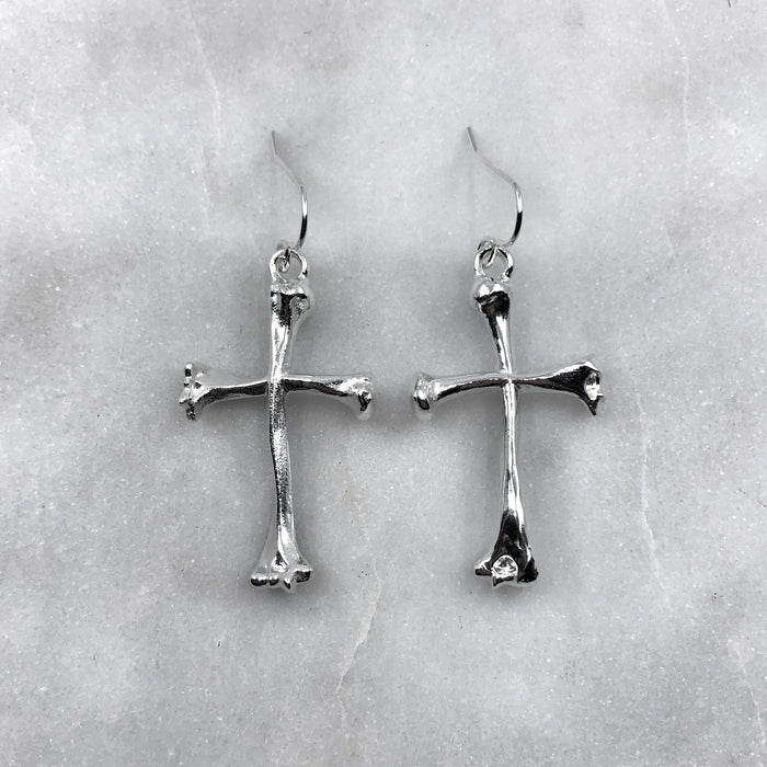 Large Bone Cross Silver Earrings