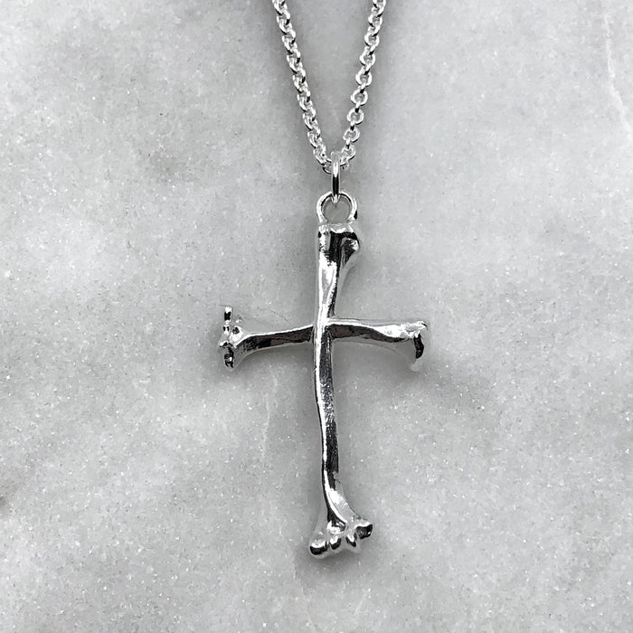 Large Bone Cross Silver Necklace