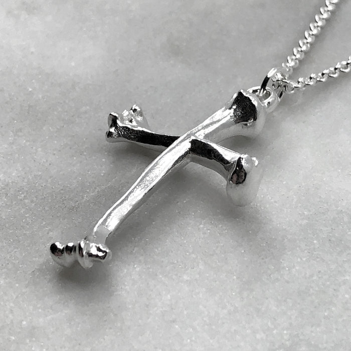 Large Bone Cross Silver Necklace