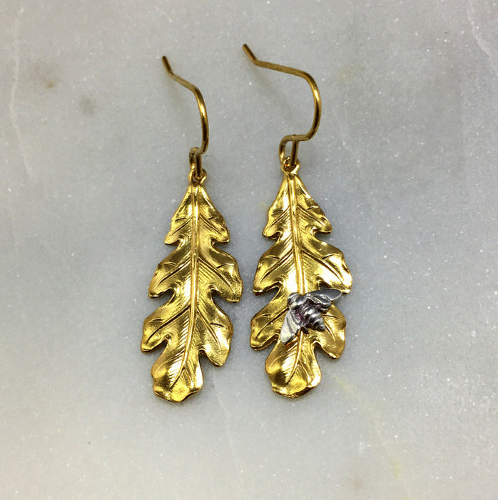 Gold Leaf & Silver Bee Earrings
