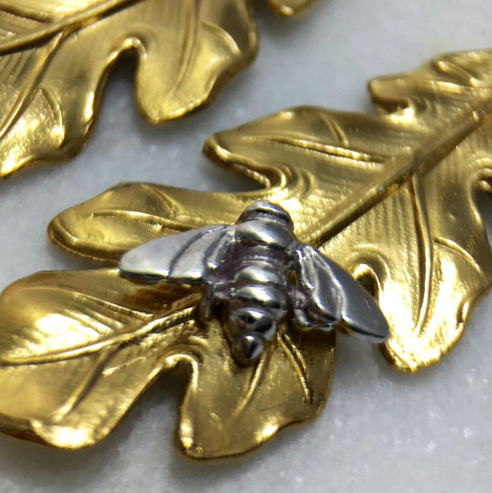 Gold Leaf & Silver Bee Earrings