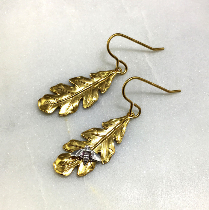 Gold Leaf & Silver Bee Earrings