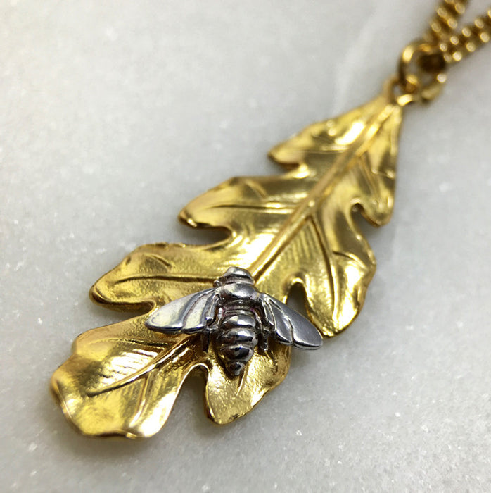 Gold Leaf & Silver Bee Necklace