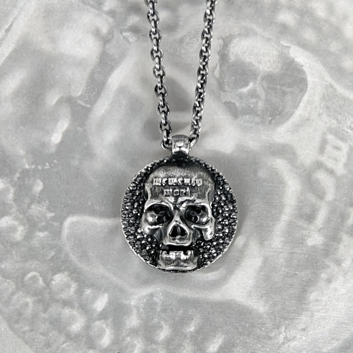 Memento Mori Oxidised Silver Skull Disc Necklace