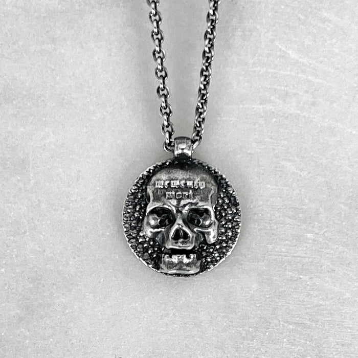 Memento Mori Oxidised Silver Skull Disc Necklace