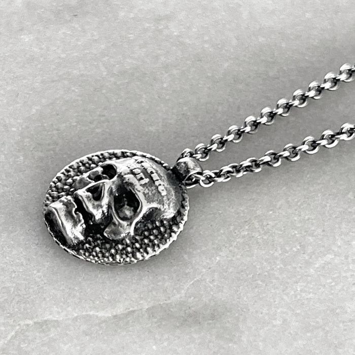 Memento Mori Oxidised Silver Skull Disc Necklace