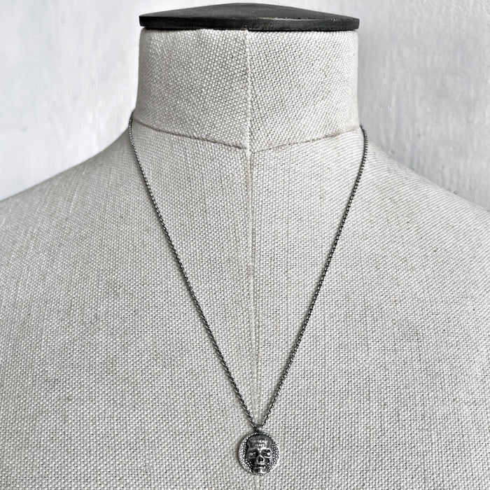 Memento Mori Oxidised Silver Skull Disc Necklace