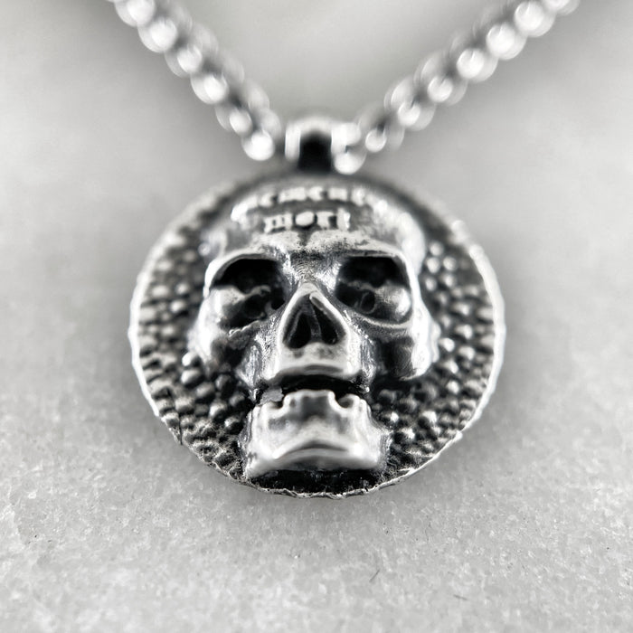 Memento Mori Oxidised Silver Skull Disc Necklace