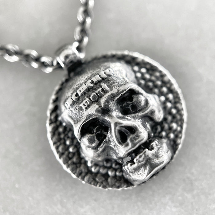 Memento Mori Oxidised Silver Skull Disc Necklace