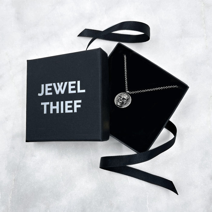 Memento Mori Oxidised Silver Skull Disc Necklace