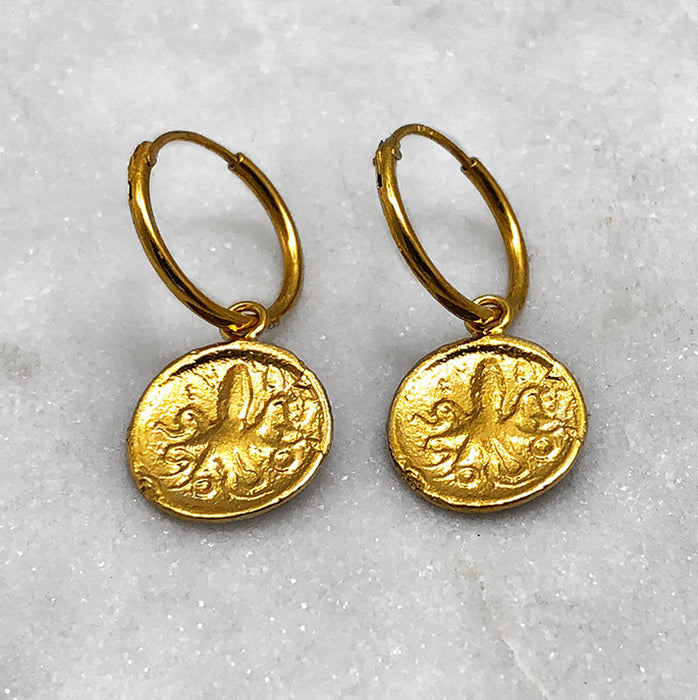 greek coin hoop drop earrings jewel thief Brighton