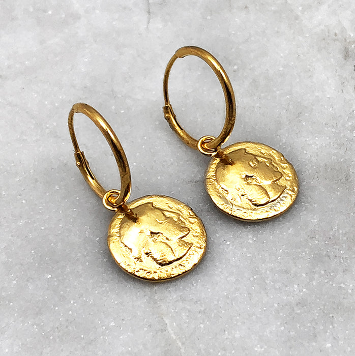 greek coin hoop drop earrings jewel thief Brighton