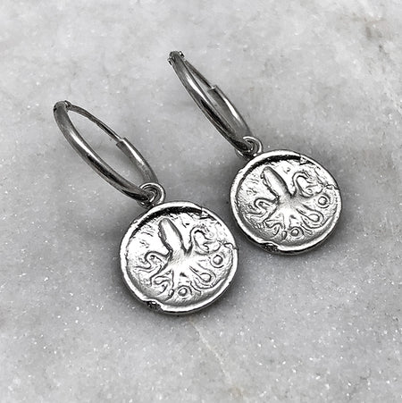 greek octopus coin hoop drop earrings jewel thief Brighton