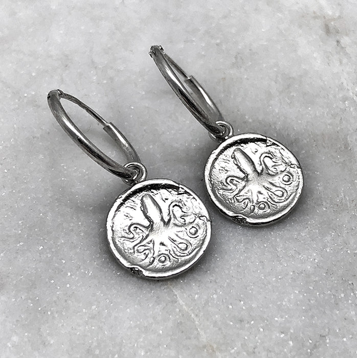 greek octopus coin hoop drop earrings jewel thief Brighton