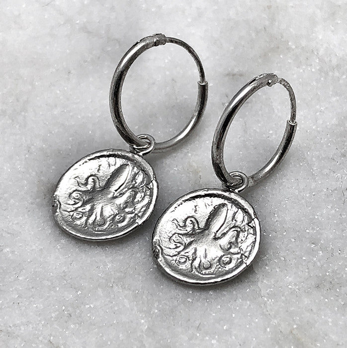 greek octopus coin hoop drop earrings jewel thief Brighton