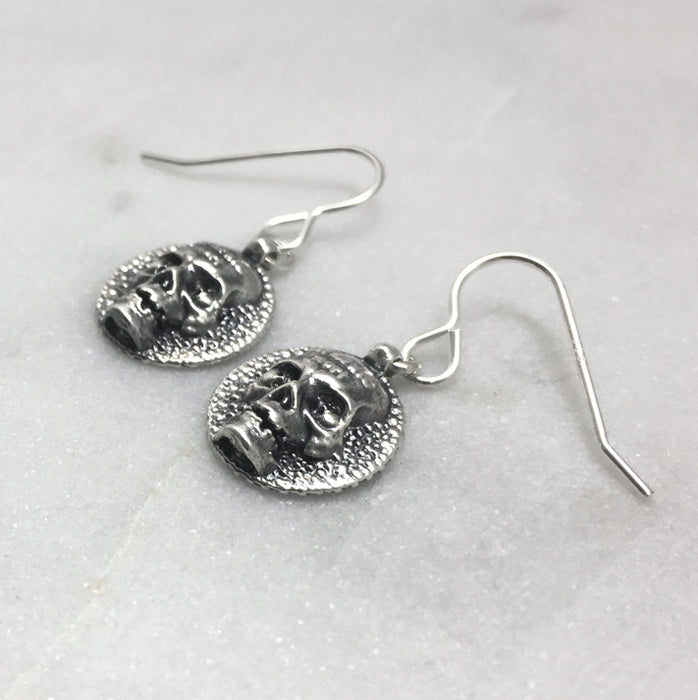 Memento Mori Silver Skull Disc Earrings