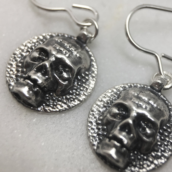 Memento Mori Silver Skull Disc Earrings