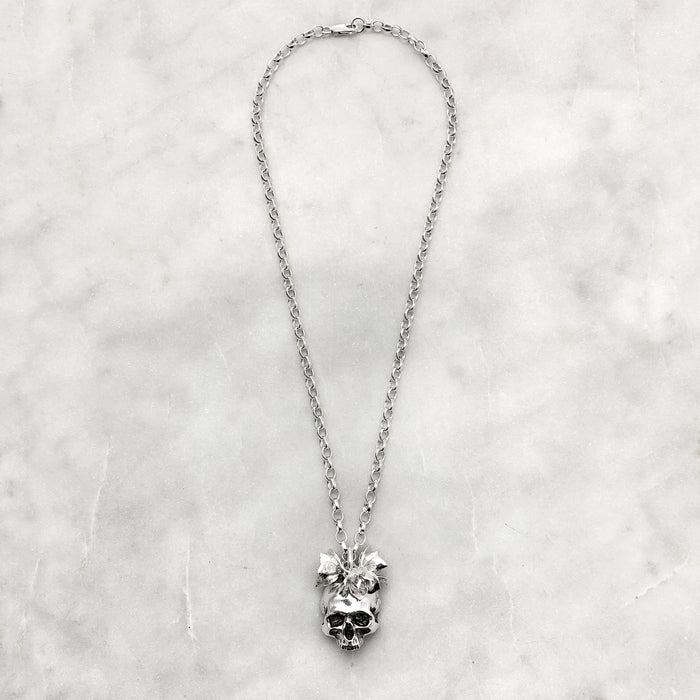 Skull With Succulents Necklace, Silver Necklace, Macabre Jewelry, Mourning Jewelry, Memento Mori