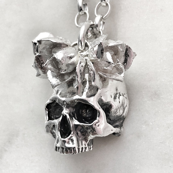 Skull With Succulents Necklace, Silver Necklace, Macabre Jewelry, Mourning Jewelry, Memento Mori