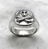 silver skull and crossbones ring side detail view
