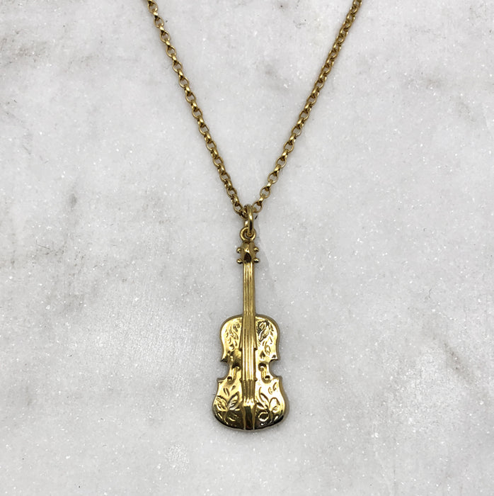 Gold Engraved Violin Necklace