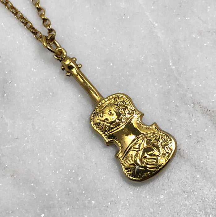 Gold Engraved Violin Necklace