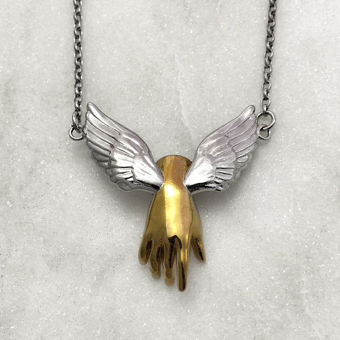 Guardian Angel Winged Gold Hand Necklace