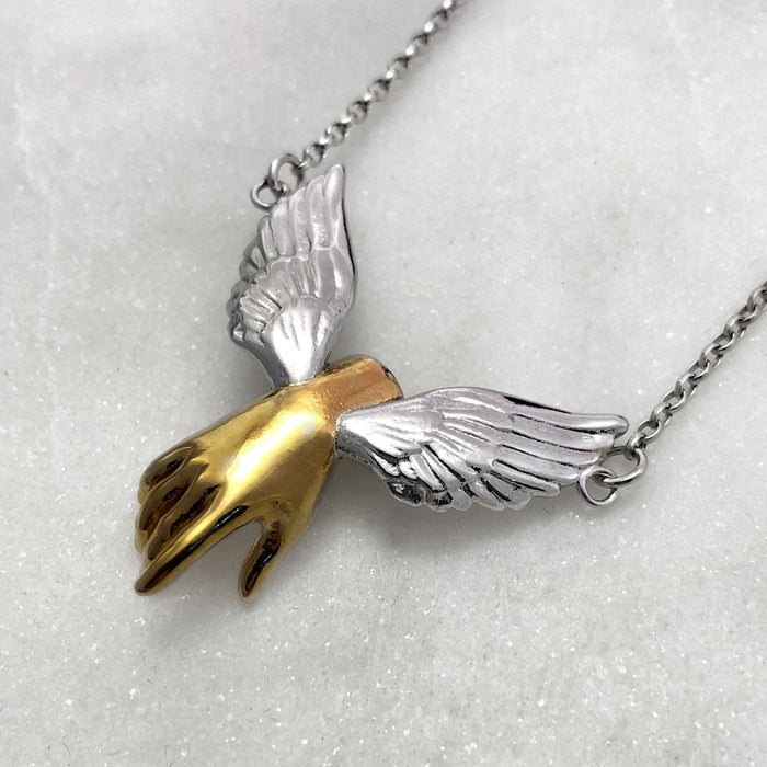 Guardian Angel Winged Gold Hand Necklace