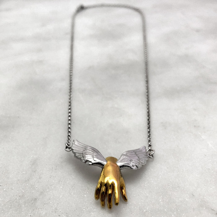 Guardian Angel Winged Gold Hand Necklace