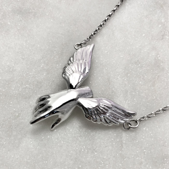Guardian Angel Winged Hand Silver Necklace