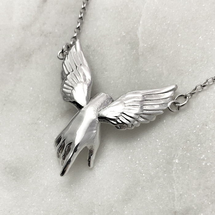 Guardian Angel Winged Hand Silver Necklace