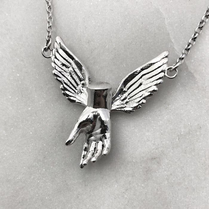 Guardian Angel Winged Hand Silver Necklace