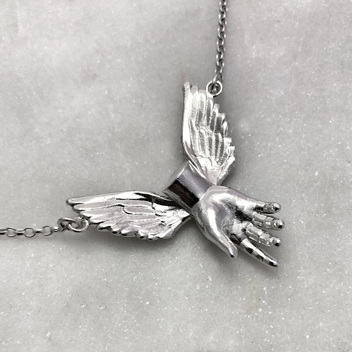 Guardian Angel Winged Hand Silver Necklace