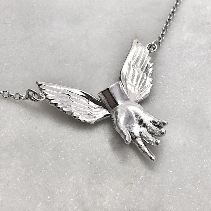 Guardian Angel Winged Hand Silver Necklace